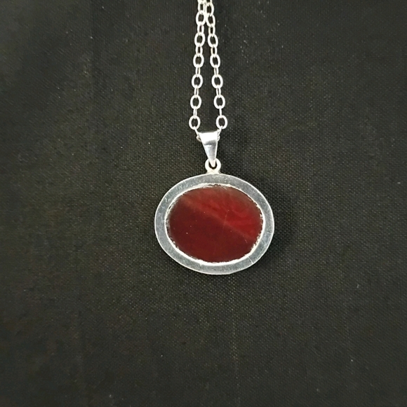 Vintage Silver Red Agate Etched Stone Middle Eastern Prayer Pendant 24" Chain - Picture 6 of 9
